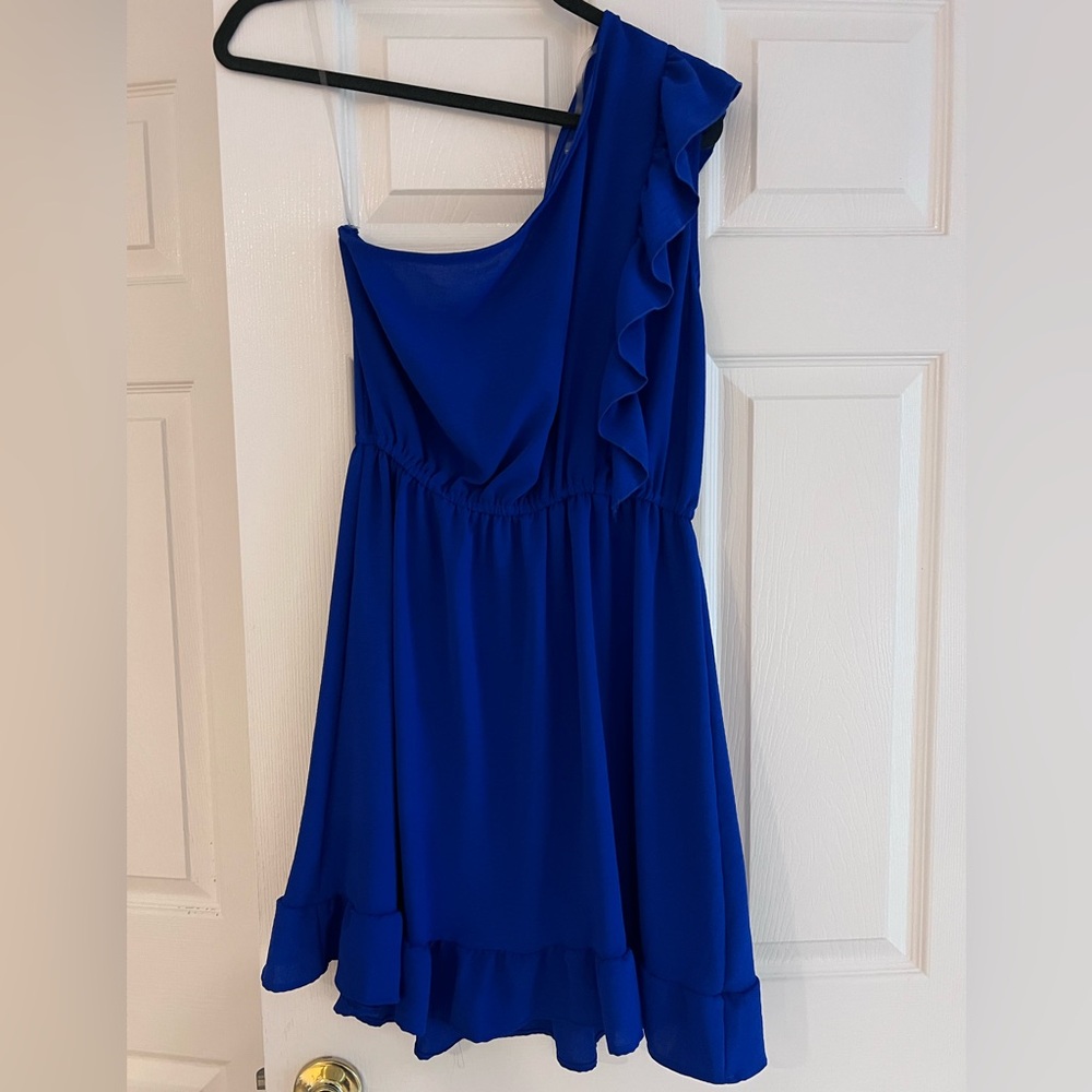 Royal blue one shoulder, mini dress size large